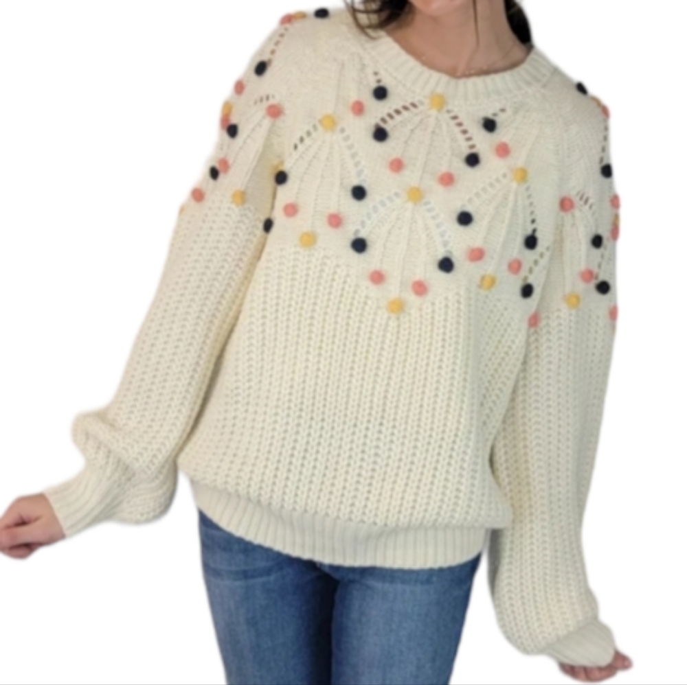Chunky Knit Pom Pom Sweater Cream Pullover Size L Cozy Winter Cute